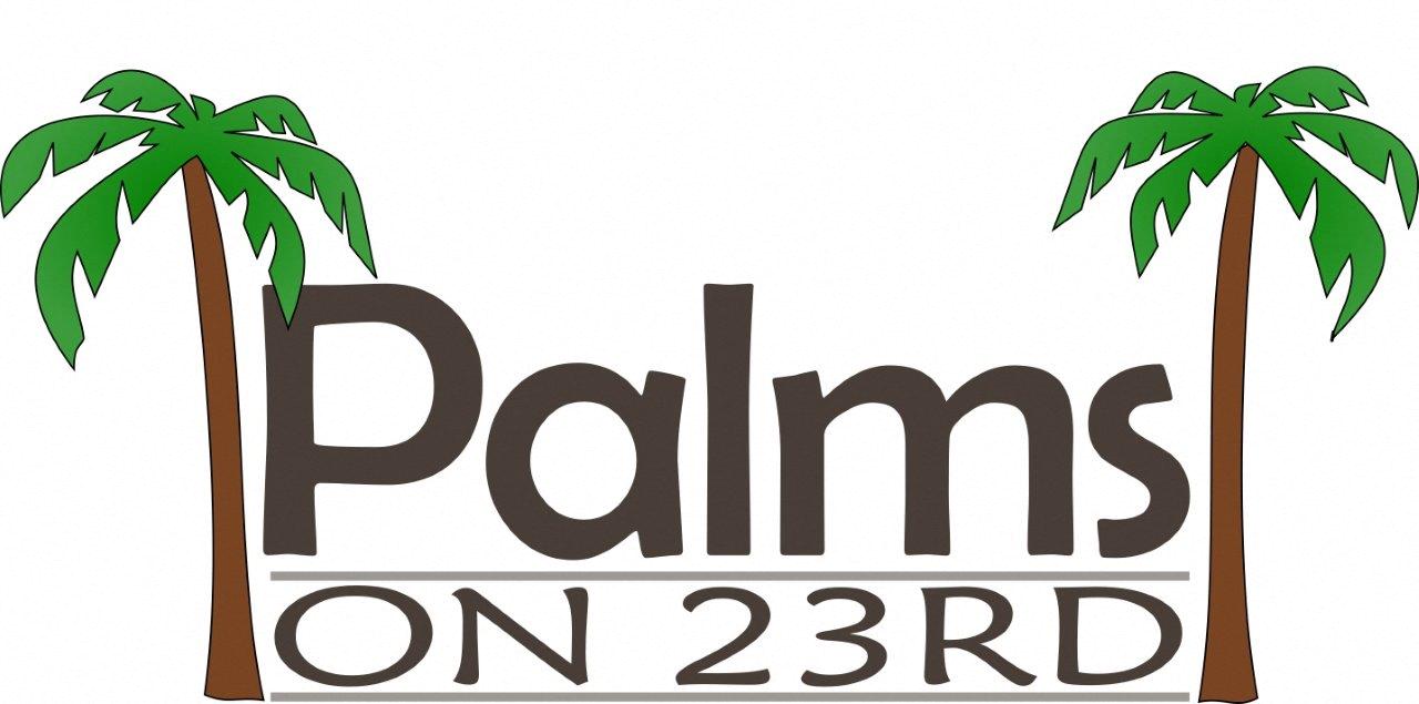 A logo with the words "Palms on 23rd" and two palm trees.